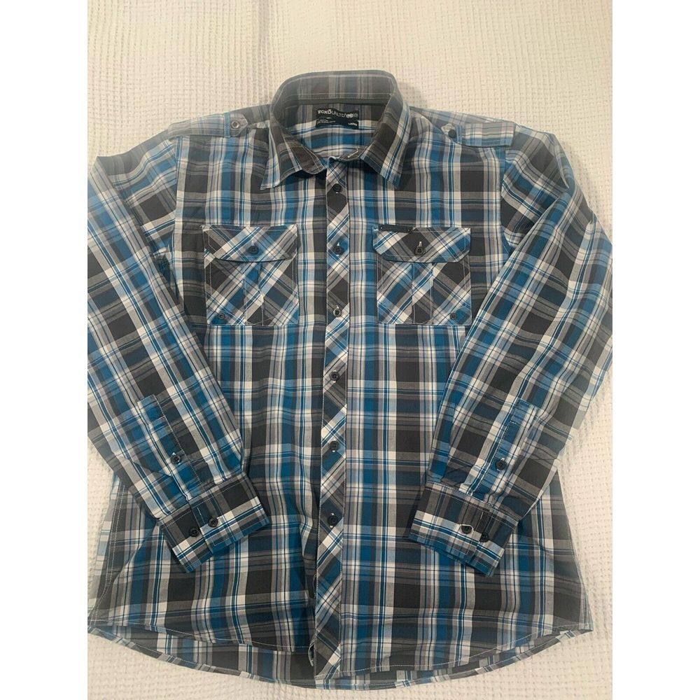 Ecko Unltd Mens Large Button‎ Up Shirt Blue Black Grey Plaid Long Sleeve
